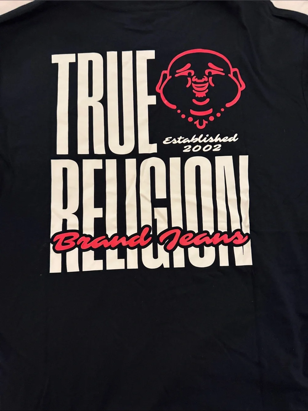 True Religion Black Tee with White Block Logo and Red Script Accents